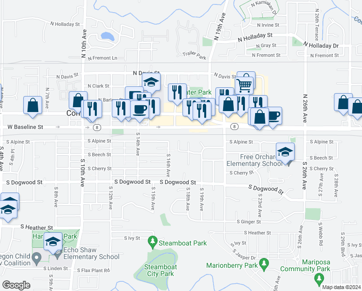 map of restaurants, bars, coffee shops, grocery stores, and more near 66 South 17th Court in Cornelius