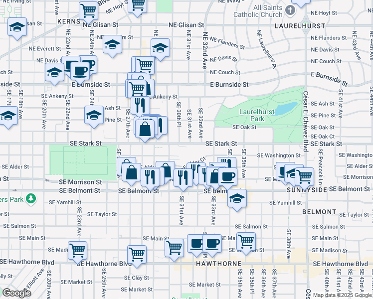 map of restaurants, bars, coffee shops, grocery stores, and more near 3060 Southeast Stark Street in Portland