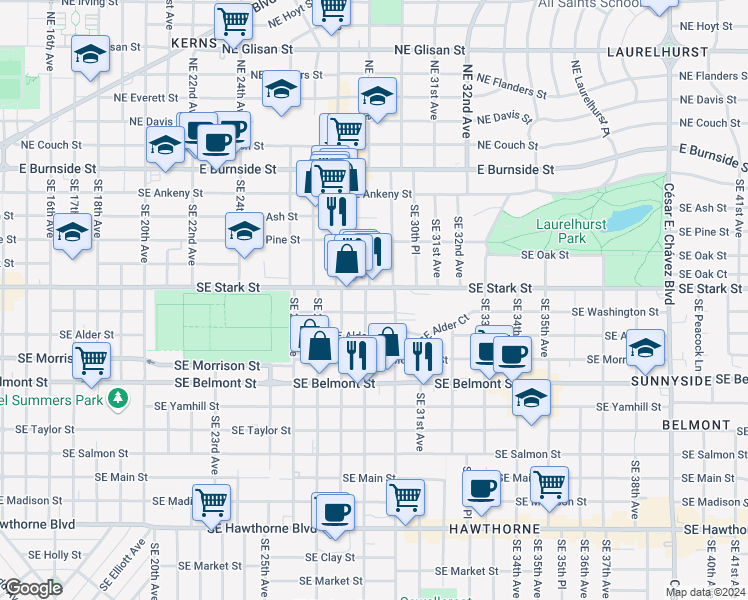 map of restaurants, bars, coffee shops, grocery stores, and more near 510 Southeast 29th Avenue in Portland
