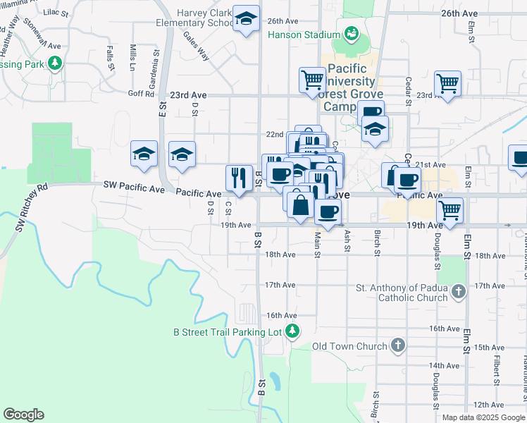 map of restaurants, bars, coffee shops, grocery stores, and more near 1917 B Street in Forest Grove