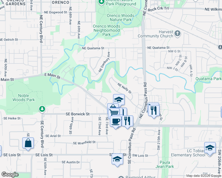 map of restaurants, bars, coffee shops, grocery stores, and more near 7285 Northeast Shaleen Street in Hillsboro