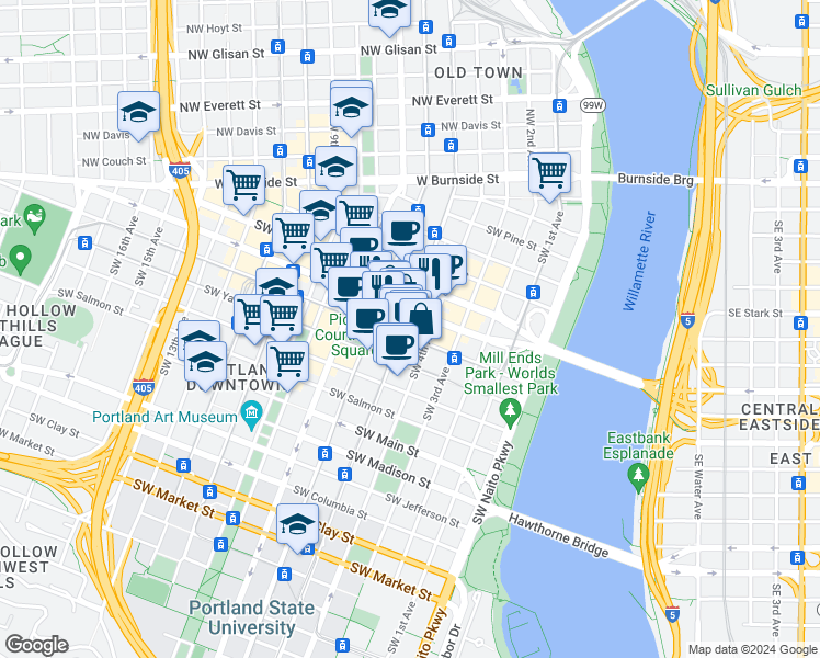 map of restaurants, bars, coffee shops, grocery stores, and more near 638 Southwest 5th Avenue in Portland