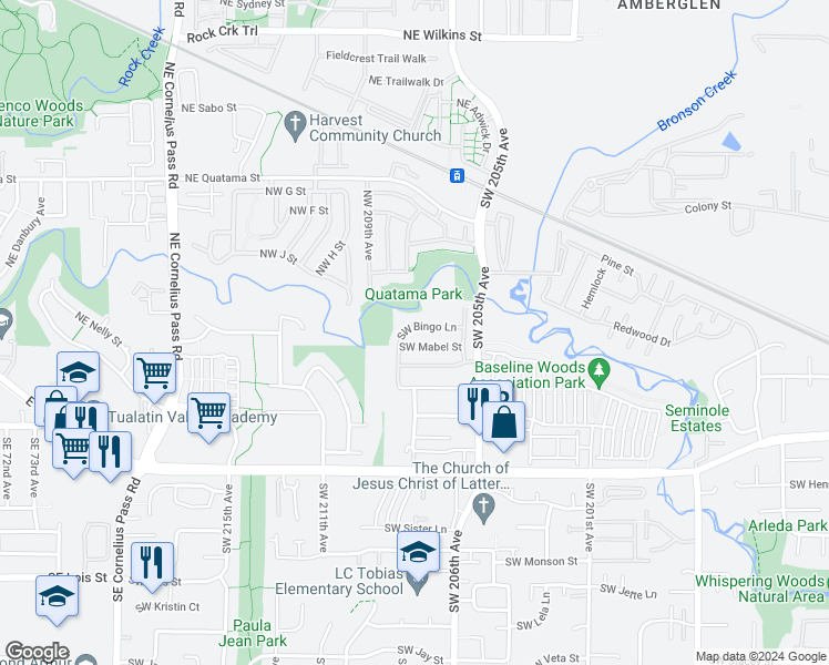 map of restaurants, bars, coffee shops, grocery stores, and more near 20760 Southwest Bingo Lane in Beaverton