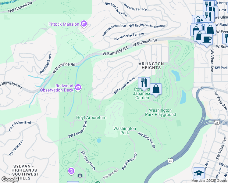 map of restaurants, bars, coffee shops, grocery stores, and more near 2825 Southwest Fairview Boulevard in Portland