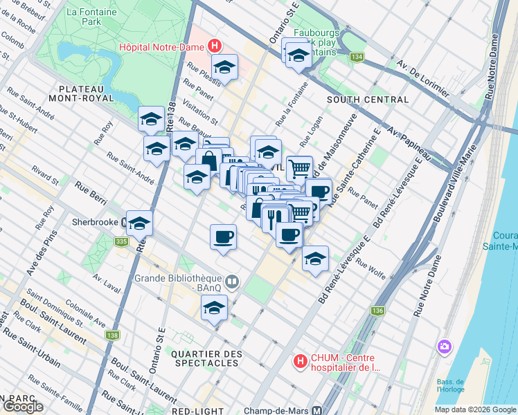 map of restaurants, bars, coffee shops, grocery stores, and more near 1669 Rue Atateken in Montréal
