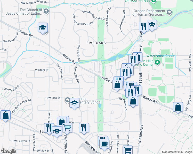 map of restaurants, bars, coffee shops, grocery stores, and more near 140 Southwest Delta Court in Beaverton