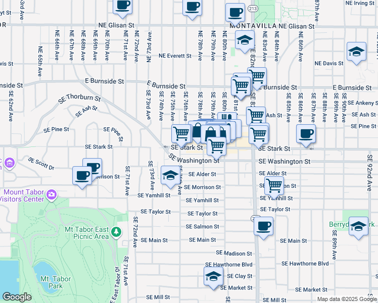 map of restaurants, bars, coffee shops, grocery stores, and more near 7700 Southeast Stark Street in Portland