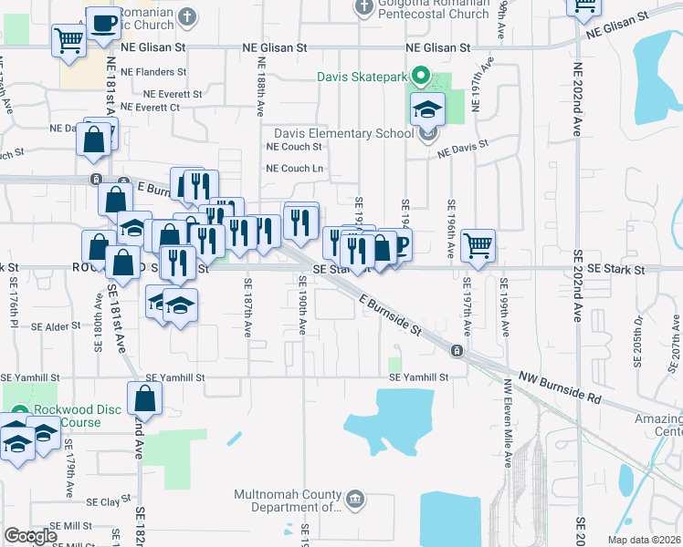 map of restaurants, bars, coffee shops, grocery stores, and more near 19110 Southeast Stark Street in Portland