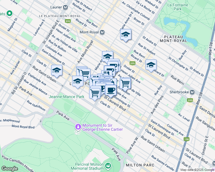 map of restaurants, bars, coffee shops, grocery stores, and more near Rachel Street East & Coloniale Avenue in Montreal