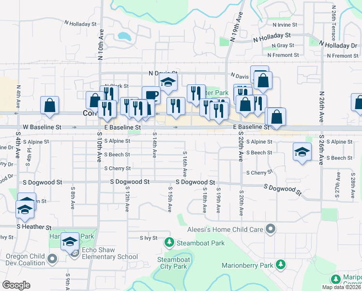 map of restaurants, bars, coffee shops, grocery stores, and more near 1599 South Alpine Street in Cornelius