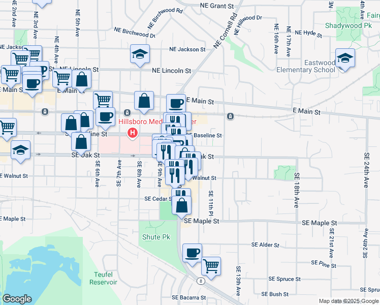 map of restaurants, bars, coffee shops, grocery stores, and more near 1031 Southeast Oak Street in Hillsboro