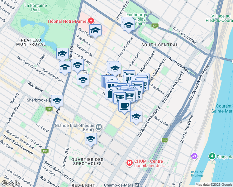 map of restaurants, bars, coffee shops, grocery stores, and more near 1652 Rue Wolfe in Montréal