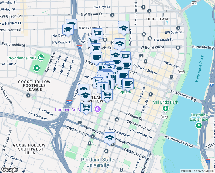 map of restaurants, bars, coffee shops, grocery stores, and more near in Portland