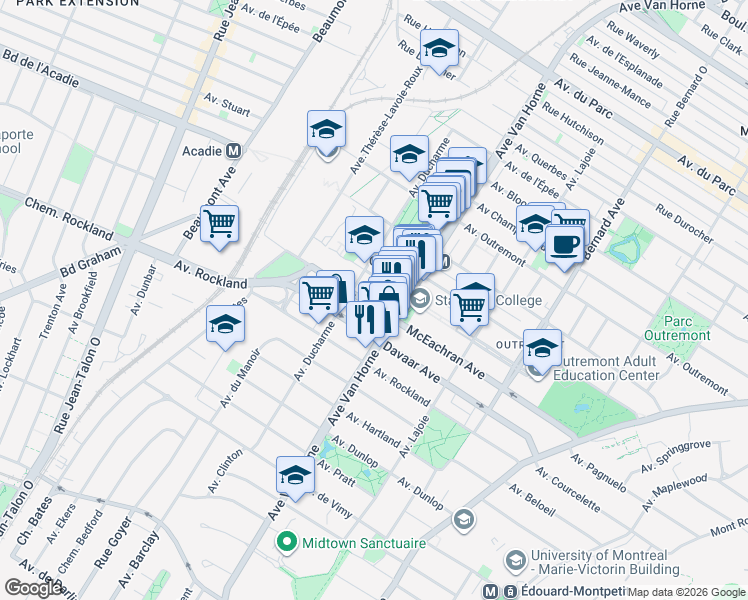 map of restaurants, bars, coffee shops, grocery stores, and more near in Montreal