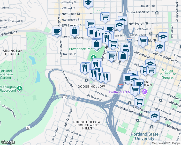 map of restaurants, bars, coffee shops, grocery stores, and more near 1132 Southwest 19th Avenue in Portland
