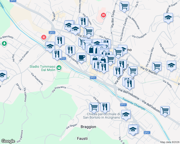 map of restaurants, bars, coffee shops, grocery stores, and more near 21 Via dei Mille in Arzignano