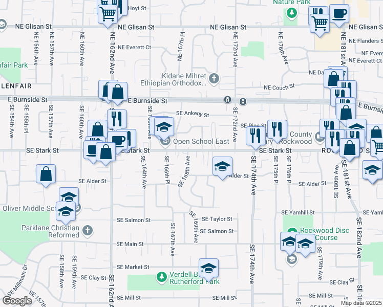 map of restaurants, bars, coffee shops, grocery stores, and more near 16822 Southeast Stark Street in Portland
