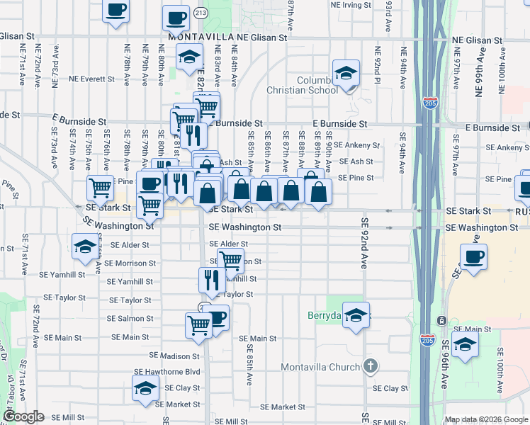 map of restaurants, bars, coffee shops, grocery stores, and more near 8536 Southeast Stark Street in Portland