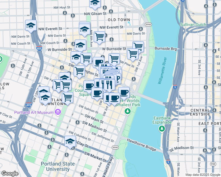 map of restaurants, bars, coffee shops, grocery stores, and more near 317 Southwest Alder Street in Portland
