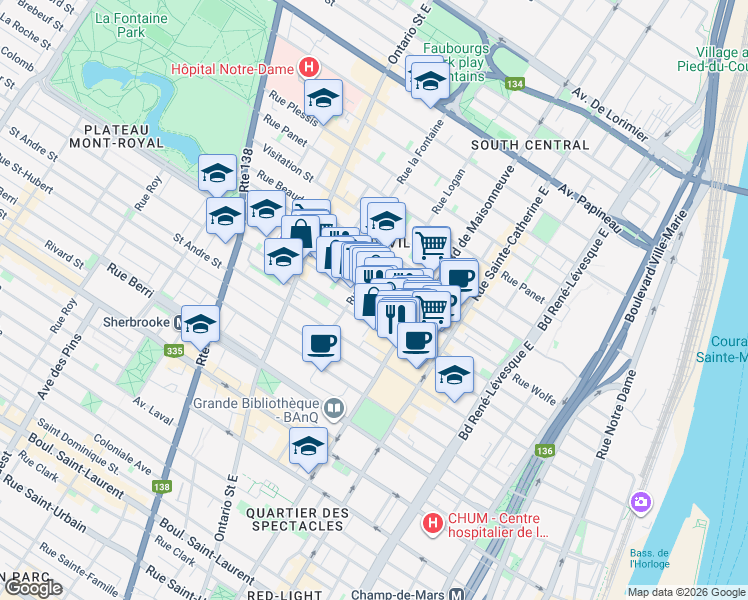 map of restaurants, bars, coffee shops, grocery stores, and more near 1699 Rue Atateken in Montréal