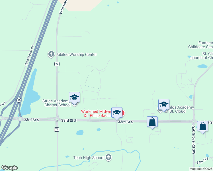 map of restaurants, bars, coffee shops, grocery stores, and more near 3072 Nottingham Road in St. Cloud