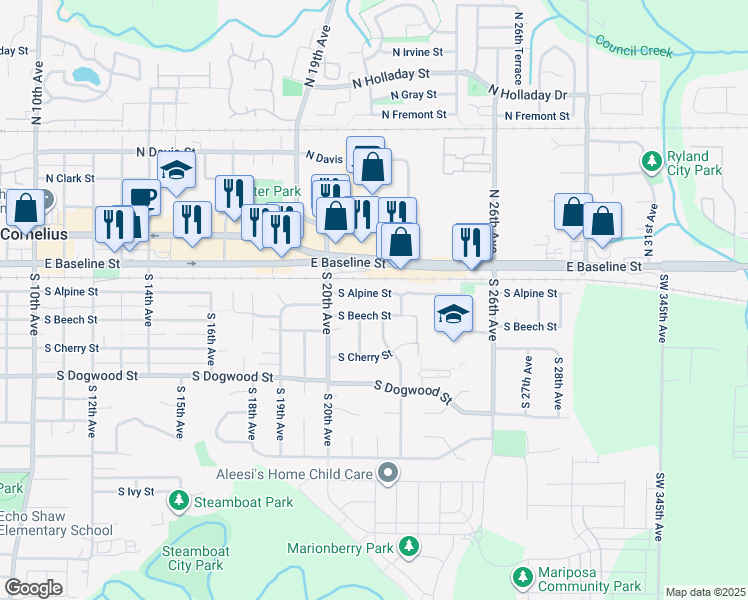 map of restaurants, bars, coffee shops, grocery stores, and more near 2193 South Alpine Street in Cornelius