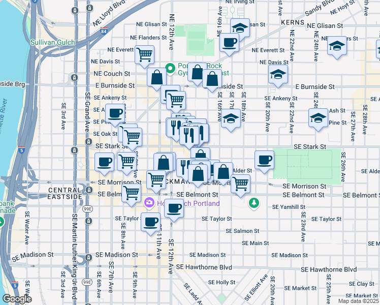 map of restaurants, bars, coffee shops, grocery stores, and more near 1310 Southeast Stark Street in Portland