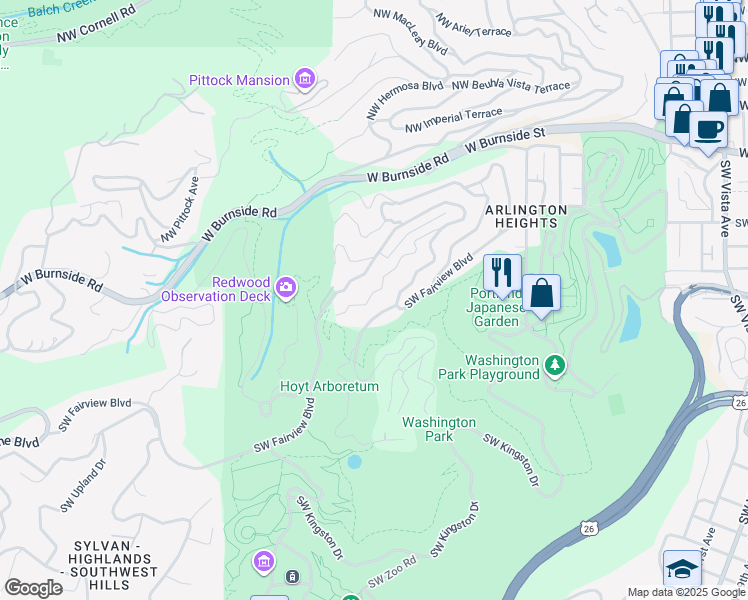 map of restaurants, bars, coffee shops, grocery stores, and more near 3108 Southwest Bennington Drive in Portland