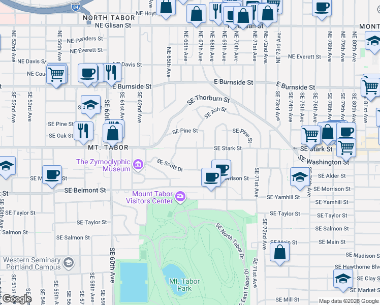 map of restaurants, bars, coffee shops, grocery stores, and more near 6610 Southeast Stark Street in Portland