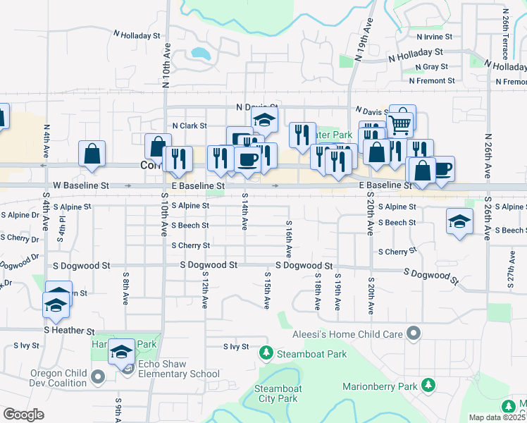 map of restaurants, bars, coffee shops, grocery stores, and more near 1461 South Alpine Street in Cornelius
