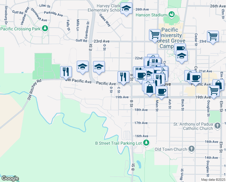 map of restaurants, bars, coffee shops, grocery stores, and more near 1919 D Street in Forest Grove