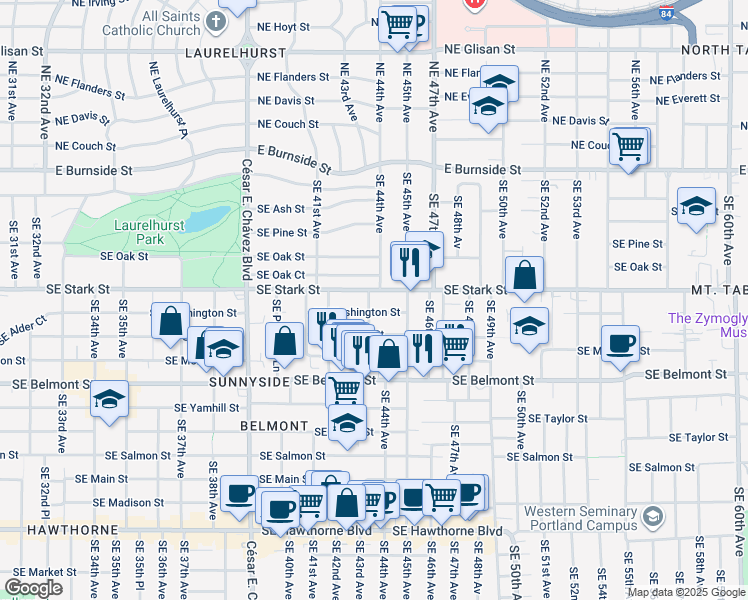 map of restaurants, bars, coffee shops, grocery stores, and more near 516 Southeast 43rd Avenue in Portland