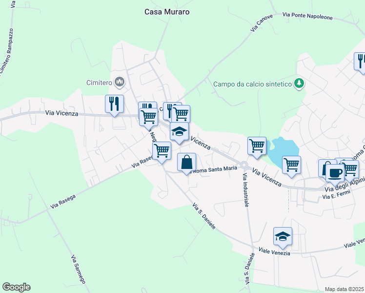 map of restaurants, bars, coffee shops, grocery stores, and more near 30 Via Perin Don Stefano in Camisano Vicentino