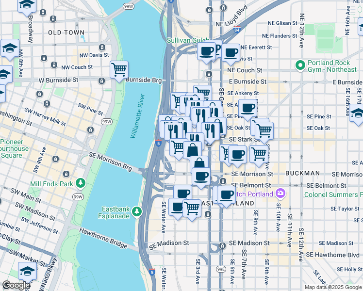 map of restaurants, bars, coffee shops, grocery stores, and more near 107 Southeast Washington Street in Portland