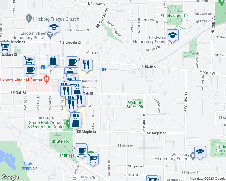 map of restaurants, bars, coffee shops, grocery stores, and more near 1325 Southeast Oak Street in Hillsboro