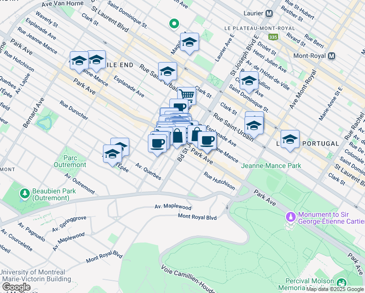 map of restaurants, bars, coffee shops, grocery stores, and more near 5006 Avenue du Parc in Montréal