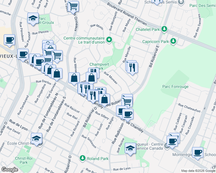map of restaurants, bars, coffee shops, grocery stores, and more near 3132 Rue Montmorency in Longueuil