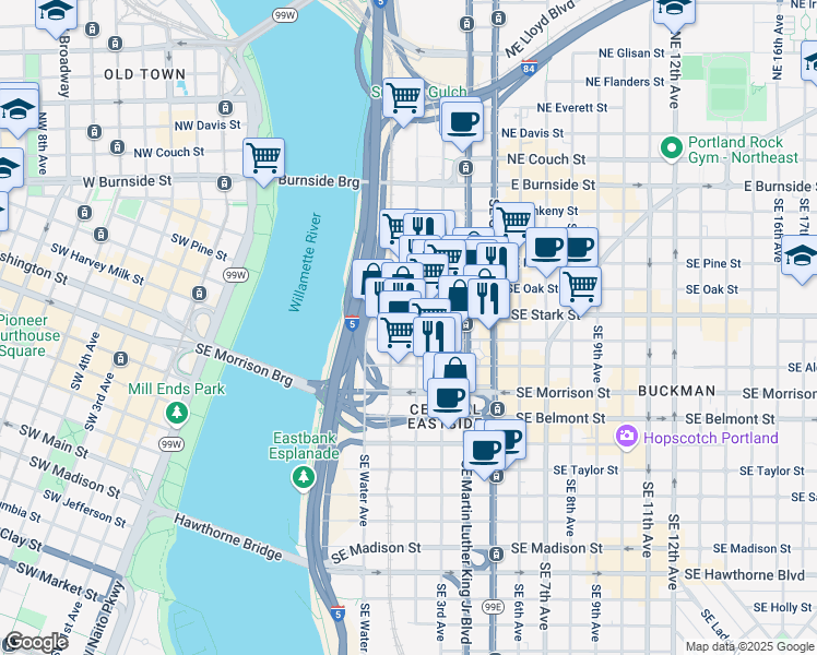 map of restaurants, bars, coffee shops, grocery stores, and more near 107 Southeast Washington Street in Portland