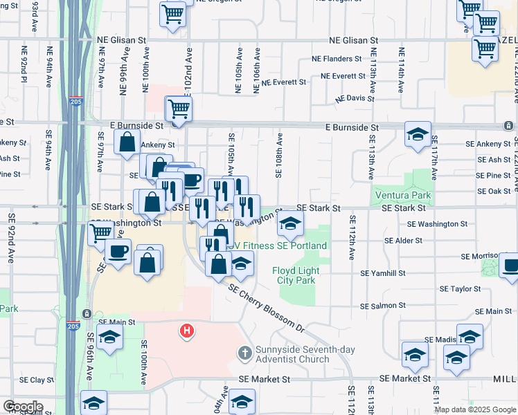 map of restaurants, bars, coffee shops, grocery stores, and more near 10524 Southeast Stark Street in Portland