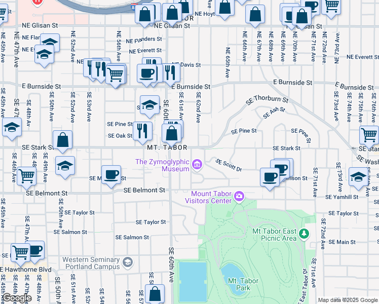 map of restaurants, bars, coffee shops, grocery stores, and more near 504-510 Southeast 61st Avenue in Portland