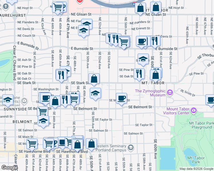 map of restaurants, bars, coffee shops, grocery stores, and more near 510 Southeast 53rd Avenue in Portland
