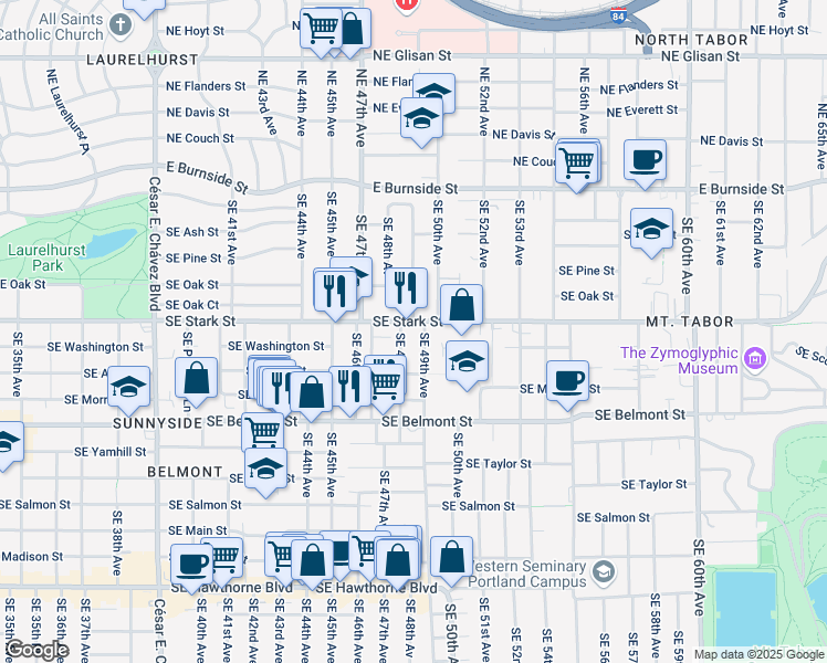 map of restaurants, bars, coffee shops, grocery stores, and more near 4806 Southeast Stark Street in Portland