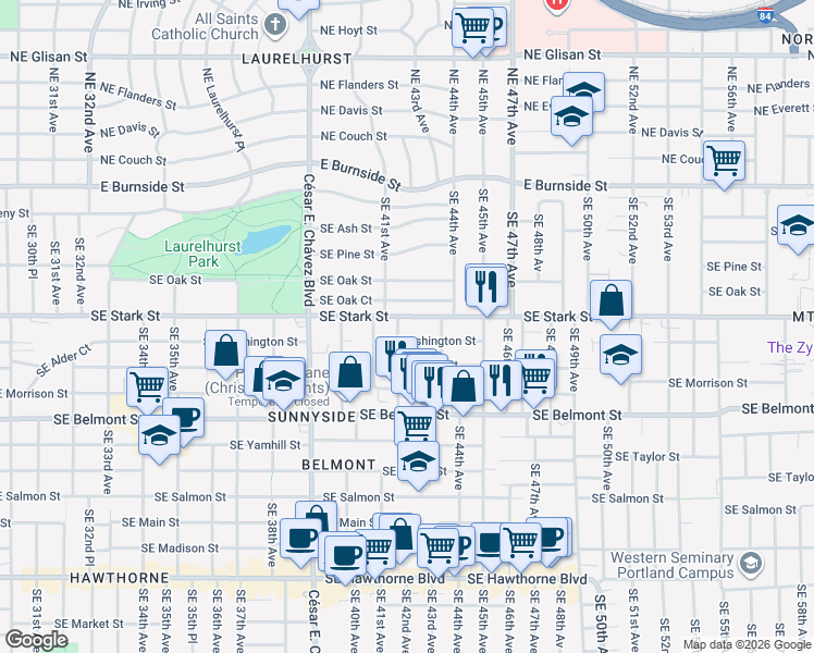 map of restaurants, bars, coffee shops, grocery stores, and more near 4214 Southeast Stark Street in Portland
