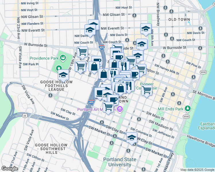map of restaurants, bars, coffee shops, grocery stores, and more near 909 Southwest 12th Avenue in Portland
