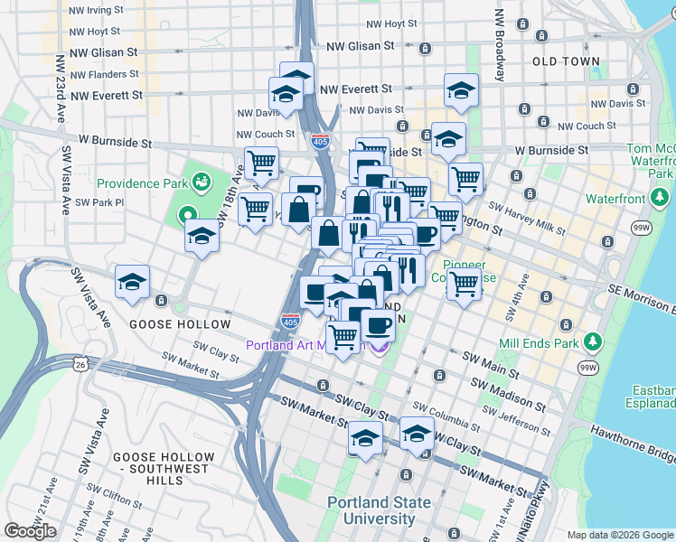 map of restaurants, bars, coffee shops, grocery stores, and more near 909 Southwest 12th Avenue in Portland