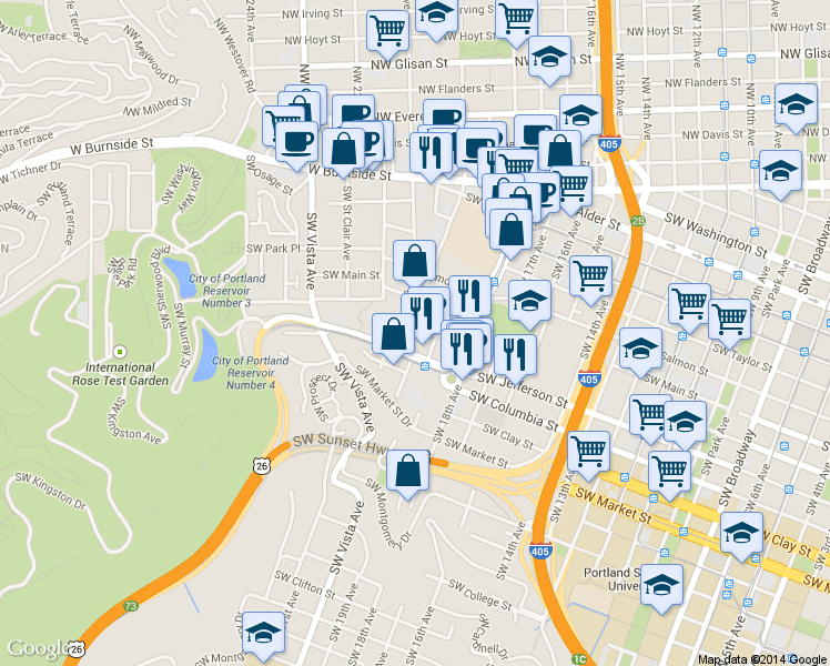 map of restaurants, bars, coffee shops, grocery stores, and more near 1924 Southwest Madison Street in Portland