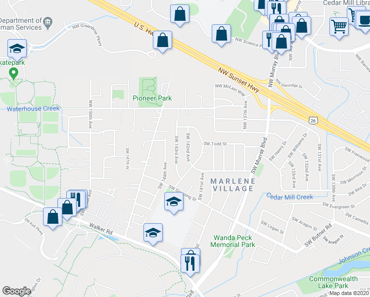 map of restaurants, bars, coffee shops, grocery stores, and more near 155 Southwest 142nd Avenue in Beaverton