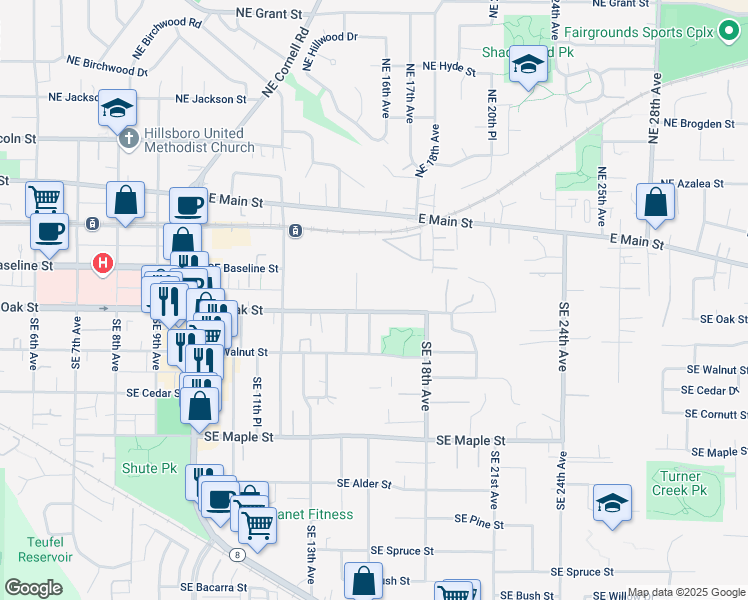 map of restaurants, bars, coffee shops, grocery stores, and more near 380 Southeast 15th Avenue in Hillsboro