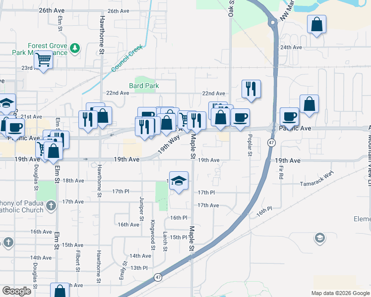 map of restaurants, bars, coffee shops, grocery stores, and more near 1926 Maple Street in Forest Grove