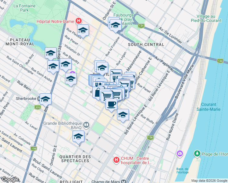 map of restaurants, bars, coffee shops, grocery stores, and more near 1180 Boulevard de Maisonneuve Est in Montreal